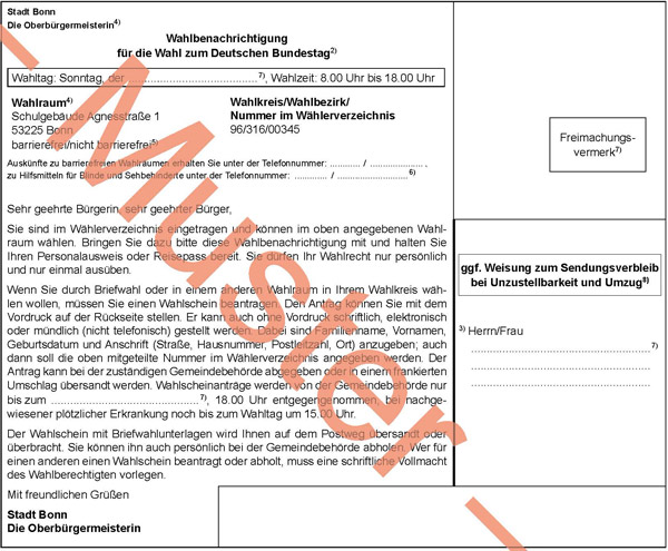 Wahlbenachrichtigung zur Bundestagswahl 2021 (Muster). Grafik: Bundeswahlleiter / Anlagen zur Bundeswahlordnung. 