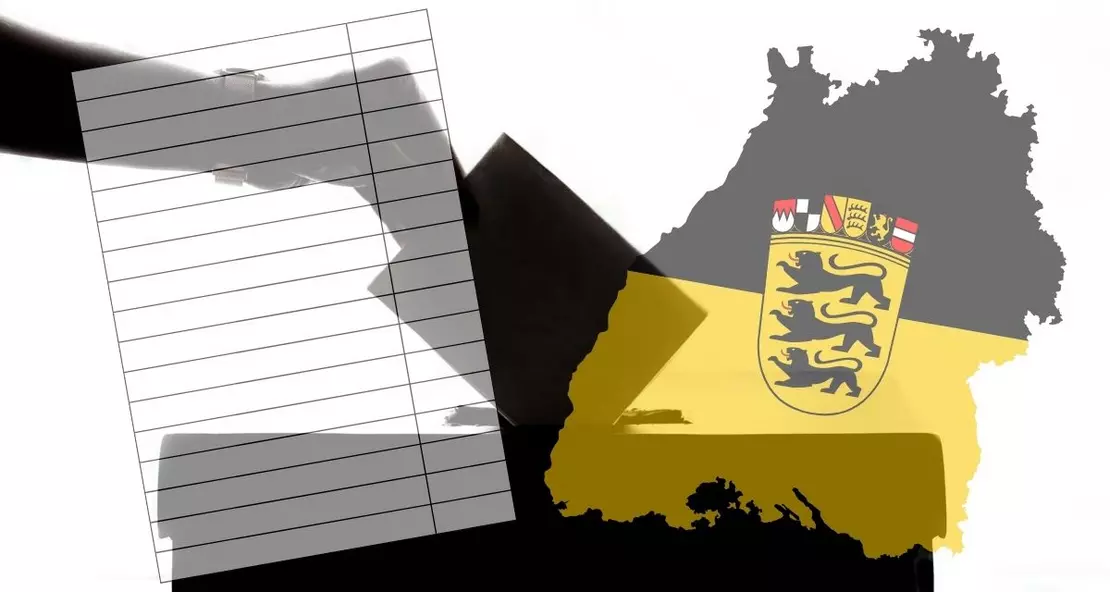 Collage einer Wahlurne, im Vordergrund eine Liste sowie die Umrisse Baden-Württembergs mit Landesflagge