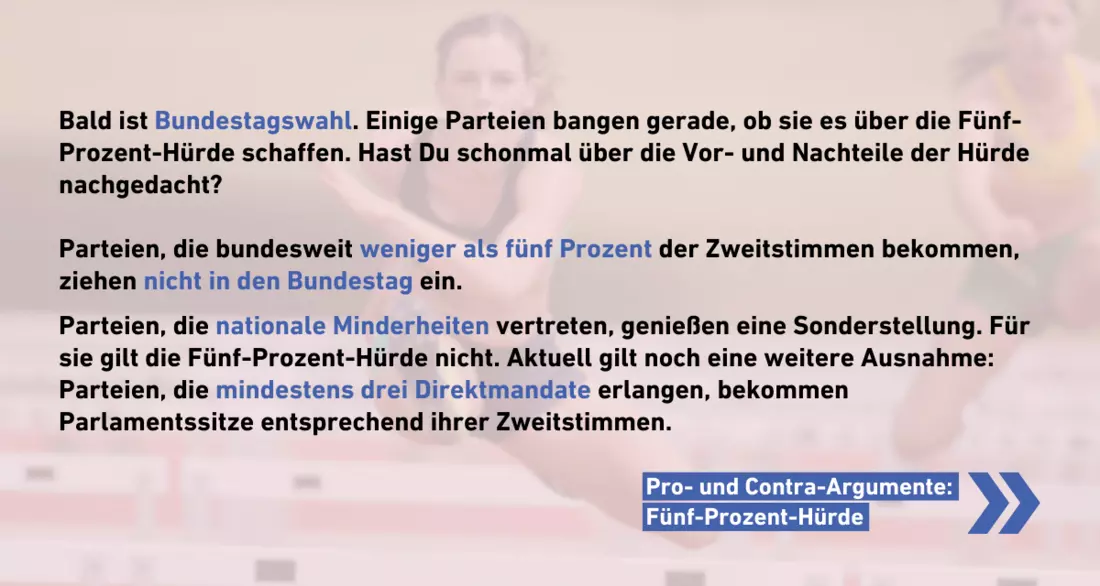 Text: Bald ist Bundestagswahl. Einige Parteien bangen gerade, ob sie es über die Fünf-Prozent-Hürde schaffen. Hast Du schonmal über die Vor- und Nachteile der Hürde nachgedacht?  Parteien, die bundesweit weniger als fünf Prozent der Zweitstimmen bekommen, ziehen nicht in den Bundestag ein.   Parteien, die nationale Minderheiten vertreten, genießen eine Sonderstellung. Für sie gilt die Fünf-Prozent-Hürde nicht. Aktuell gilt noch eine weitere Ausnahme: Parteien, die mindestens drei Direktmandate erlangen, bekommen Parlamentssitze entsprechend ihrer Zweitstimmen.