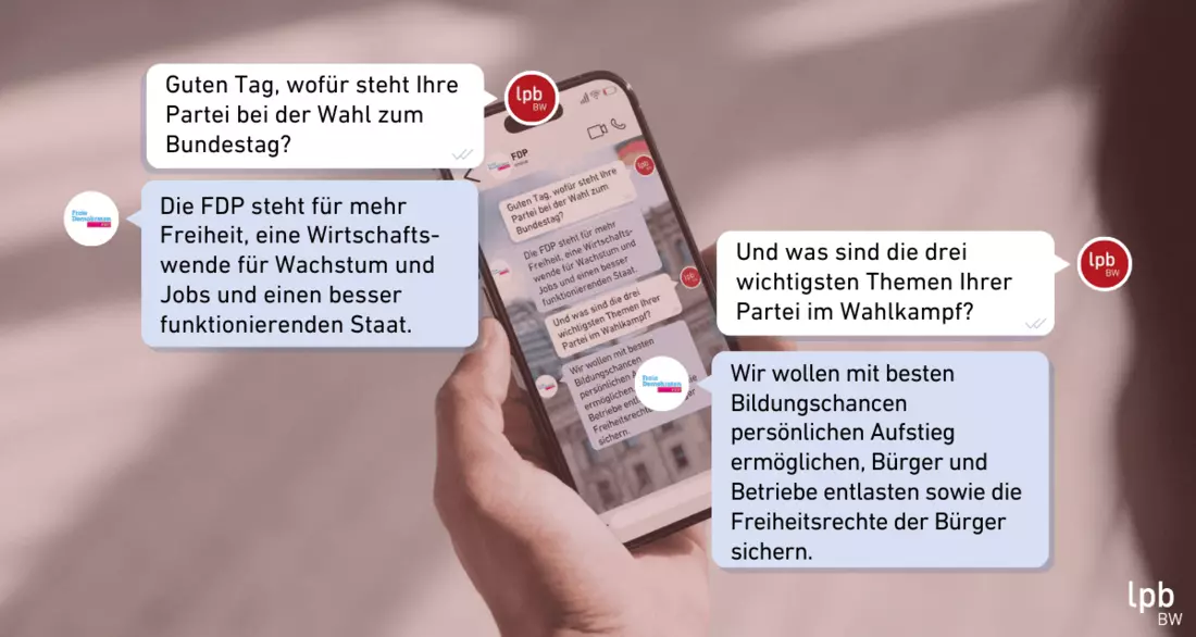 Text: LpB: Guten Tag, wofür steht Ihre Partei bei der Wahl zum Bundestag? FDP: Die FDP steht für mehr Freiheit, eine Wirtschafts-wende für Wachstum und Jobs und einen besser funktionierenden Staat. LpB: Und was sind die drei wichtigsten Themen Ihrer Partei im Wahlkampf? FDP: Wir wollen mit besten Bildungschancen persönlichen Aufstieg ermöglichen, Bürger und Betriebe entlasten sowie die Freiheitsrechte der Bürger sichern.