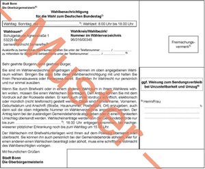 Wahlbenachrichtigung zur Bundestagswahl 2021 (Muster). Grafik: Bundeswahlleiter / Anlagen zur Bundeswahlordnung. 