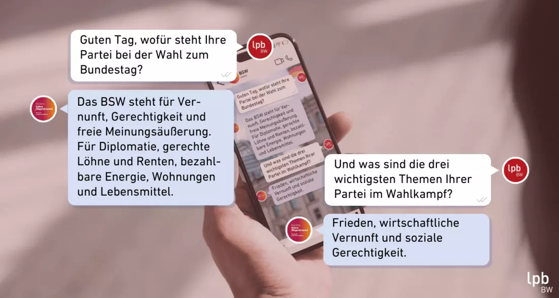 Text: LpB: Guten Tag, wofür steht Ihre Partei bei der Wahl zum Bundestag? BSW: Das BSW steht für Ver-nunft, Gerechtigkeit und freie Meinungsäußerung. Für Diplomatie, gerechte Löhne und Renten, bezahl-bare Energie, Wohnungen und Lebensmittel. LpB: Und was sind die drei wichtigsten Themen Ihrer Partei im Wahlkampf? BSW: Frieden, wirtschaftliche Vernunft und soziale Gerechtigkeit.